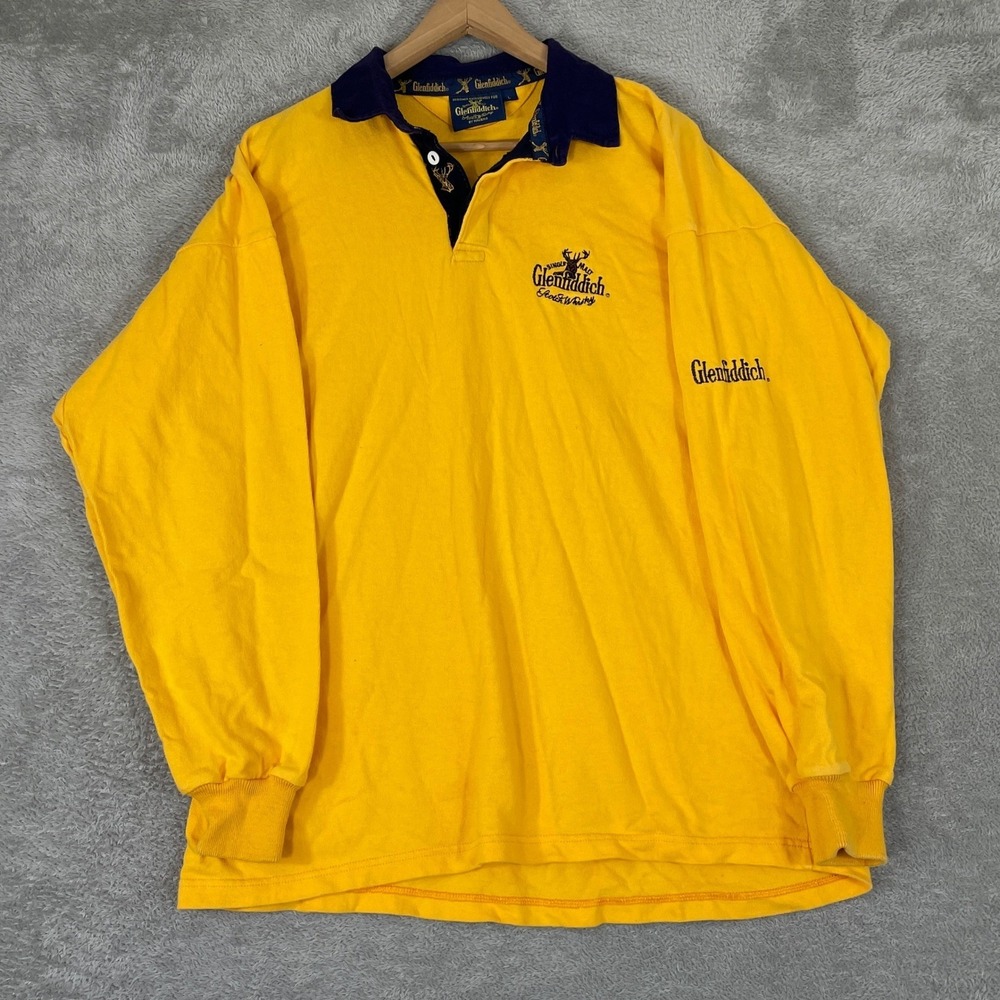 Glenfiddich Rugby Shirt Mens Large Yellow Long Sleeve Embroidered Logo Cotton